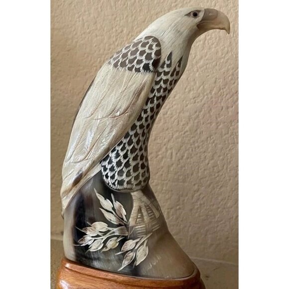 Native American Hand-Carved Water Buffalo Horn Eagle Sculpture Wooden Base - Picture 8 of 8